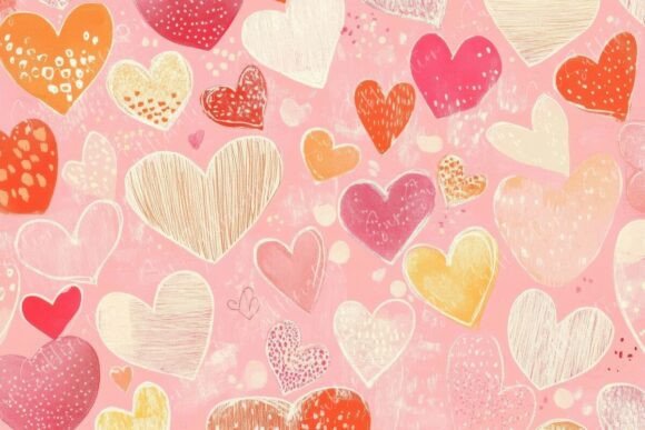 Colorful Hearts and Patterns on a Pink Background