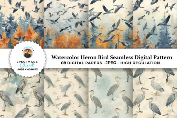 Watercolor Heron Bird Seamless Patterns: A Creative Resource for Crafting and Design
